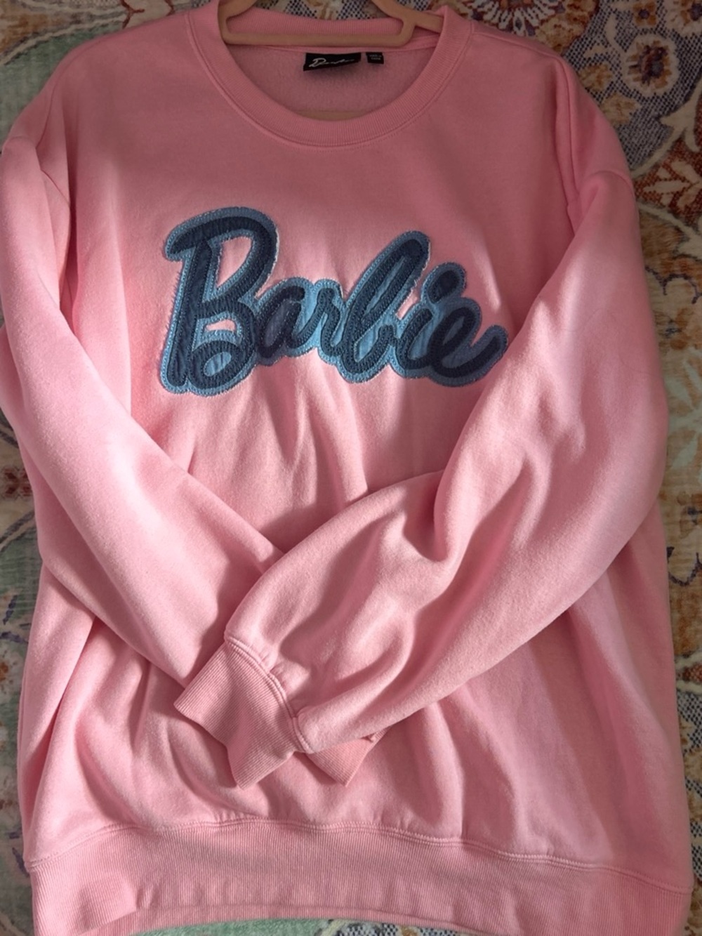 Barbie Pink Crewneck with Blue Script Patch